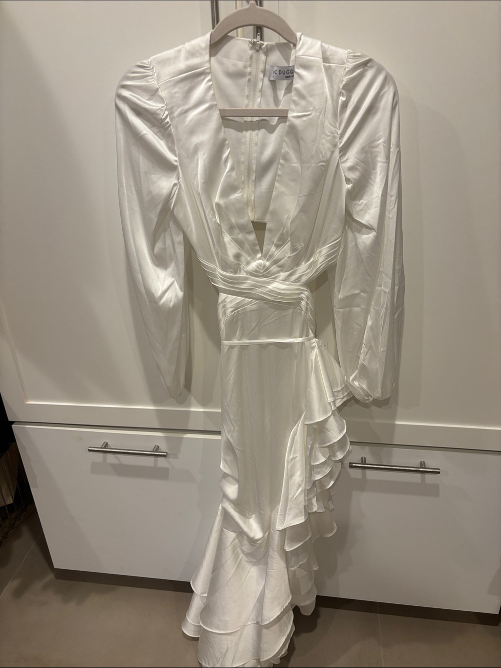 Dodo Bar Or White Satin Wrap Maxi Dress with Ruffle Cascade